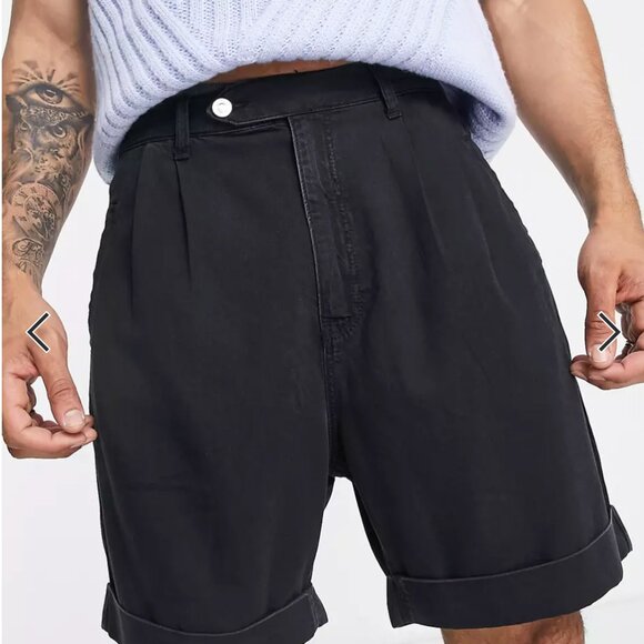 ASOS denim short in black with pleat detail - Picture 2 of 5